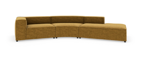 Modulsofa i sennepsgul tekstil med chaiselong til højre, fritstående på hvid baggrund.