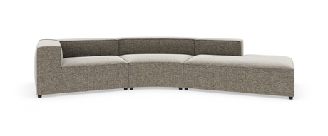 Modulsofa i lys grå‑beige tekstil med buet sektion og chaiselong, fritstående på hvid baggrund.