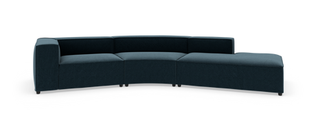 Modulær mørkeblå buet sofa med chaiselong til højre, frilagt på hvid baggrund.