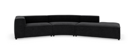 Modulsofa i sort stof med buet sektion og chaiselong, fritstående på hvid baggrund.