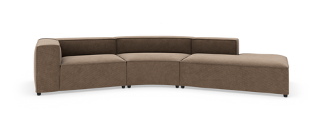 Brun, modulær, buet sofa med højre chaiselong på hvid baggrund.