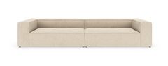 Beige, moderne modulsofa med lav ryg, set forfra mod hvid baggrund.