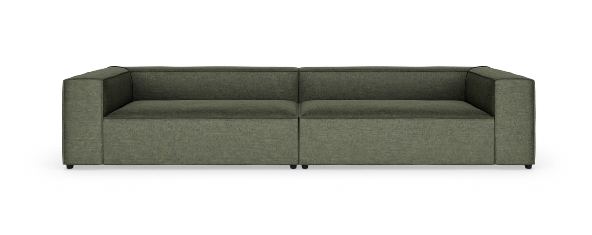 Grøn, boxy 2-personers modulsofa i stof, set forfra.