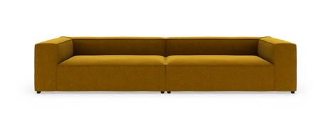 Sennepsgul modulsofa med rene linjer, fotograferet forfra på hvid baggrund.