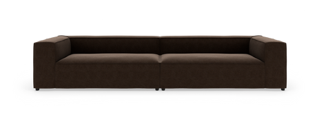 Mørkebrun, moderne modulsofa med rette armlæn set lige forfra på hvid baggrund.