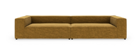 Modulsofa i sennepsgul tekstil på hvid baggrund, set forfra.