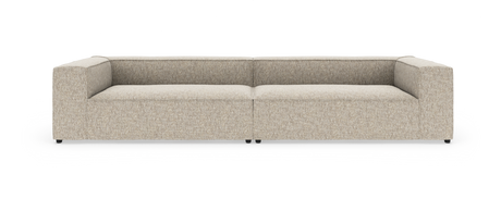 Beige modulsofa med brede armlæn, lav profil og to sædehynder, set forfra.