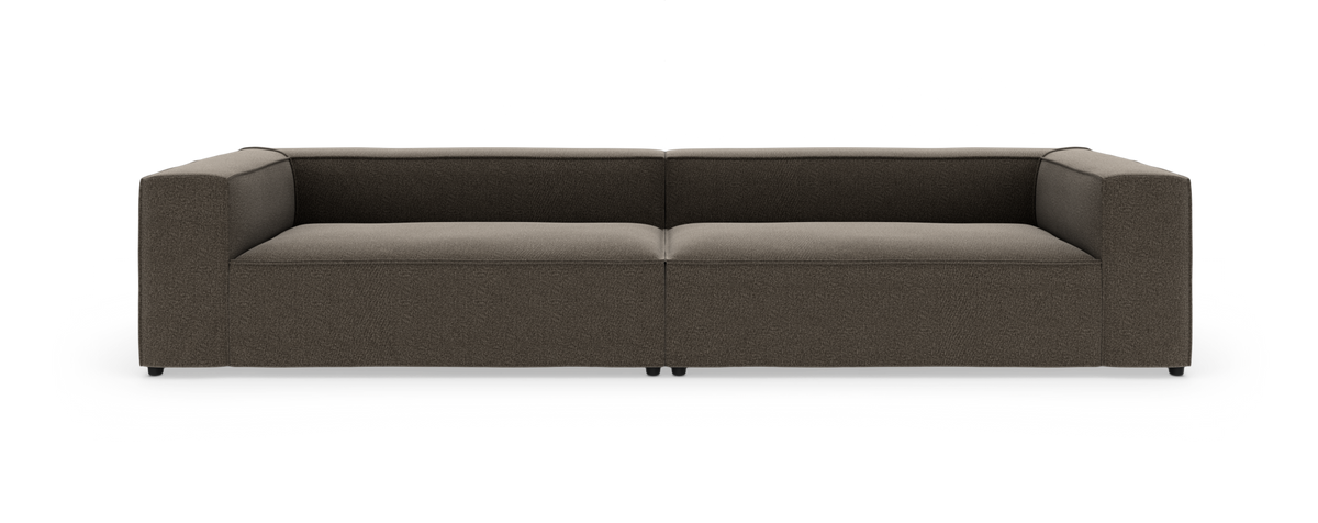 Modulsofa i mørkebrun/grå tekstil, frontvisning mod hvid baggrund.