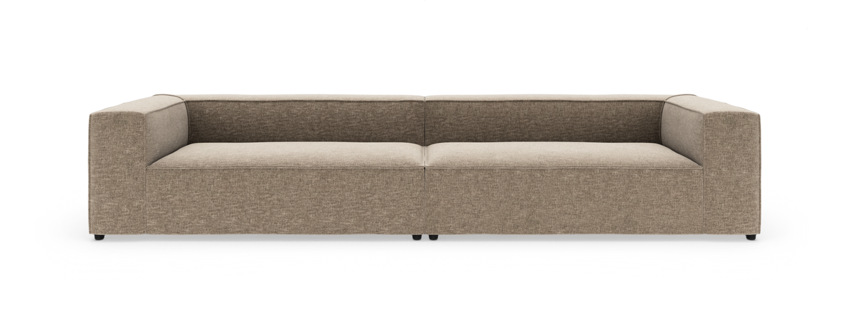 Lige frontvisning af en beige, moderne modulsofa på hvid baggrund.