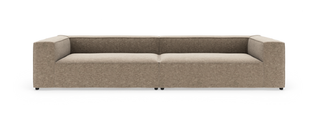 Lige frontvisning af en beige, moderne modulsofa på hvid baggrund.