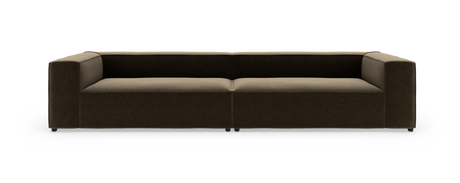 Modulsofa i mørkebrun tekstil med lave armlæn og beige sæde, frilagt på hvid baggrund.