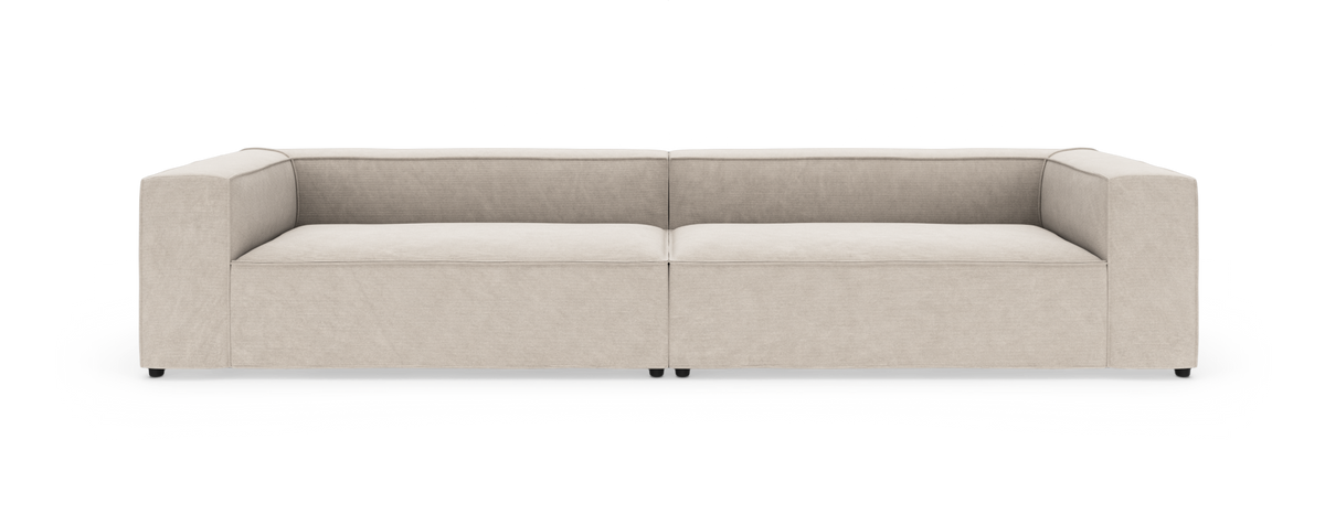 Beige modulsofa med rene linjer, to-sæders, set forfra på hvid baggrund.