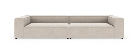 Beige modulsofa med rene linjer, to-sæders, set forfra på hvid baggrund.