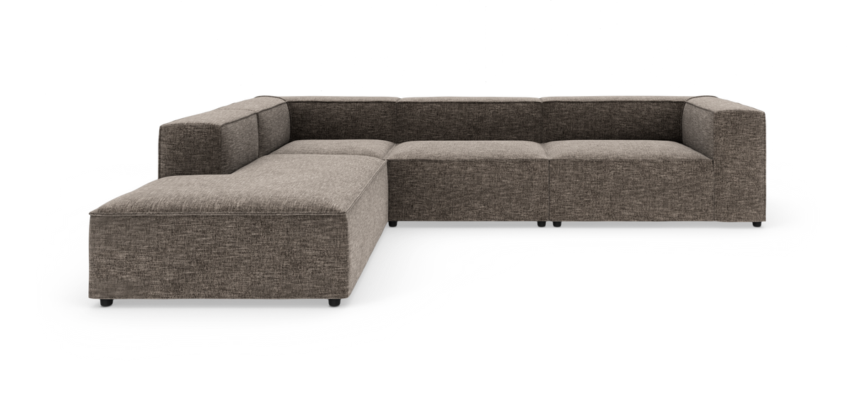 L-formet modulsofa i gråmeleret stof med lav, bokset design.