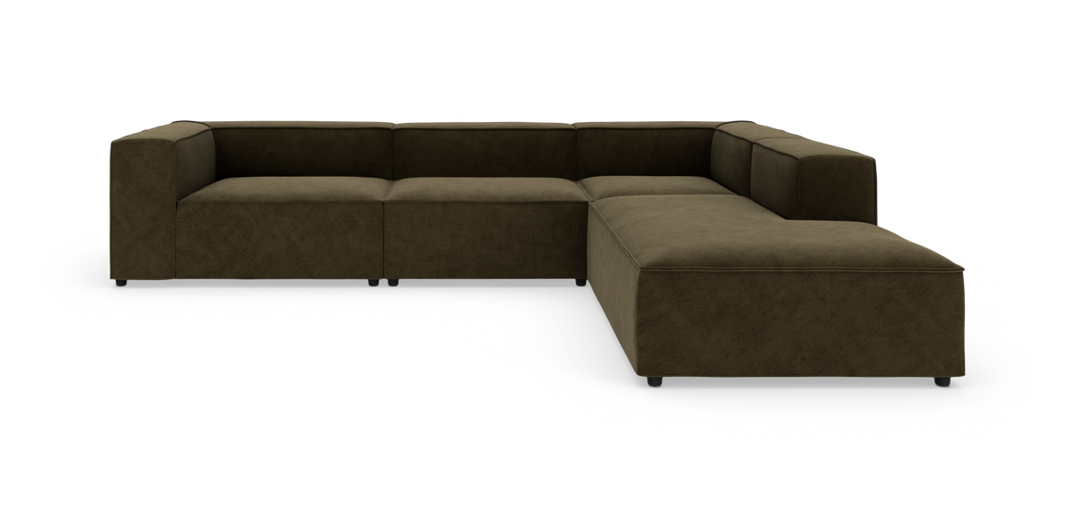 Modulær hjørnesofa i mørk olivengrøn/brun tekstil på hvid studiebaggrund.
