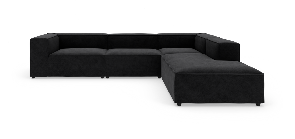 Sort L-formet modulsofa på hvid baggrund.