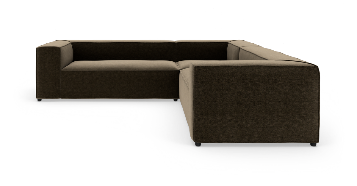 Modulær L-formet hjørnesofa i mørkebrun og beige stof, frilagt på hvid baggrund.