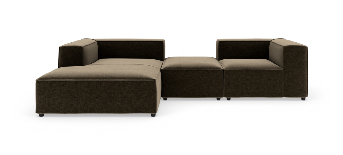 Modulsofa i mørkebrun tekstil med beige sæder, L‑formet, fritlagt på hvid baggrund.