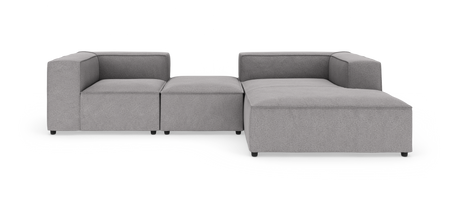 Modulær grå hjørnesofa med chaiselong i stof, frilagt på hvid baggrund.