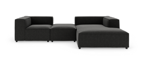 Modulær mørkegrå hjørnesofa med chaiselong og kubiske armlæn, fritlagt på hvid baggrund.