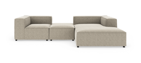 Modulær beige hjørnesofa med chaiselong til højre, fritstående på hvid baggrund.