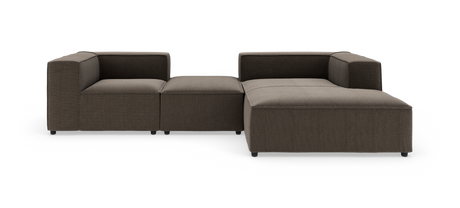 Modulsofa i mørkebrun tekstil i L‑form, frilagt på hvid baggrund.