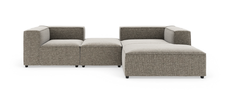 Modulær hjørnesofa i grå‑beige stof med lave armlæn og bred chaiselong.