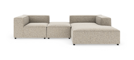 Modulær beige hjørnesofa med chaiselong til højre, fritstående på hvid baggrund.