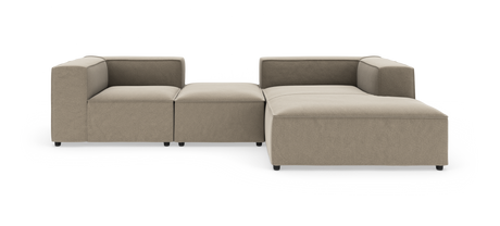 Modulær beige hjørnesofa med bred chaiselong, fritlagt på hvid baggrund.