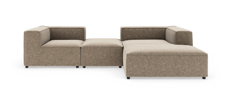 Modulær beige hjørnesofa i stof på hvid baggrund.
