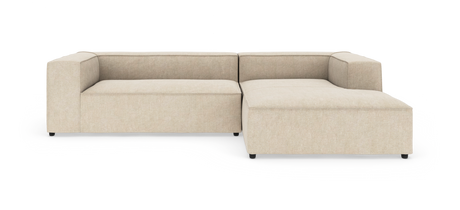 Beige L‑formet modulsofa med brede armlæn og højre chaiselong, frilagt studiobillede set forfra.