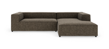 Modulsofa i L-form i brunmeleret stof på hvid baggrund.