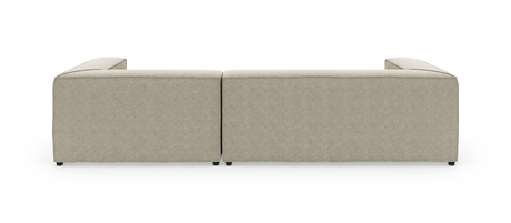 Beige modulsofa i stof set direkte bagfra, to sektioner side om side.