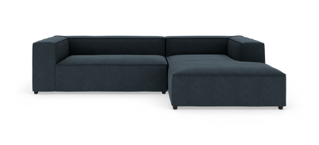 Mørkeblå, L-formet modulsofa med højrevendt chaiselong i moderne, minimalistisk stil.