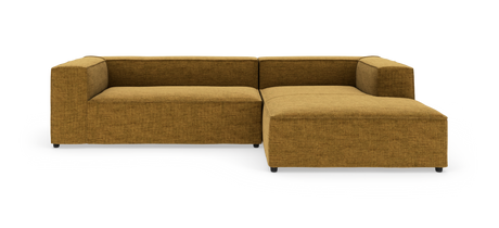L-formet modulsofa i sennepsgul tekstil på hvid baggrund.