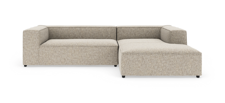 L-formet modulsofa i beige stof med moderne, bokset design.
