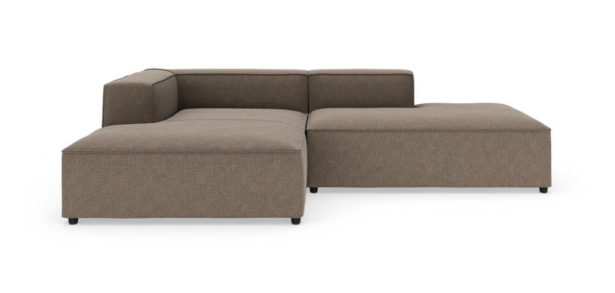 Beige/brun modulsofa i L‑form på hvid baggrund.
