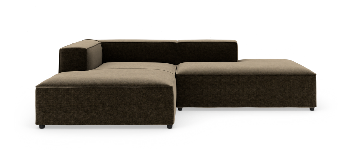 Modulsofa i mørkebrun/beige stof i L‑form set forfra.