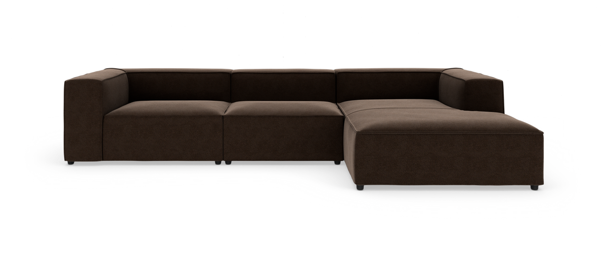 Mørkebrun modulsofa i L-form med chaiselong til højre, produktbillede på hvid baggrund.