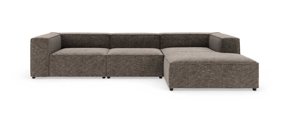 Modulær L-formet hjørnesofa i brungråt stof, vist på hvid baggrund.