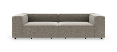 Moderne modulsofa med to sæder, lave rygge og firkantede armlæn i grå‑beige tekstil, frilagt på hvid baggrund set forfra.