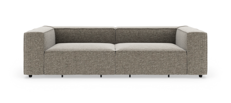 Moderne modulsofa med to sæder, lave rygge og firkantede armlæn i grå‑beige tekstil, frilagt på hvid baggrund set forfra.