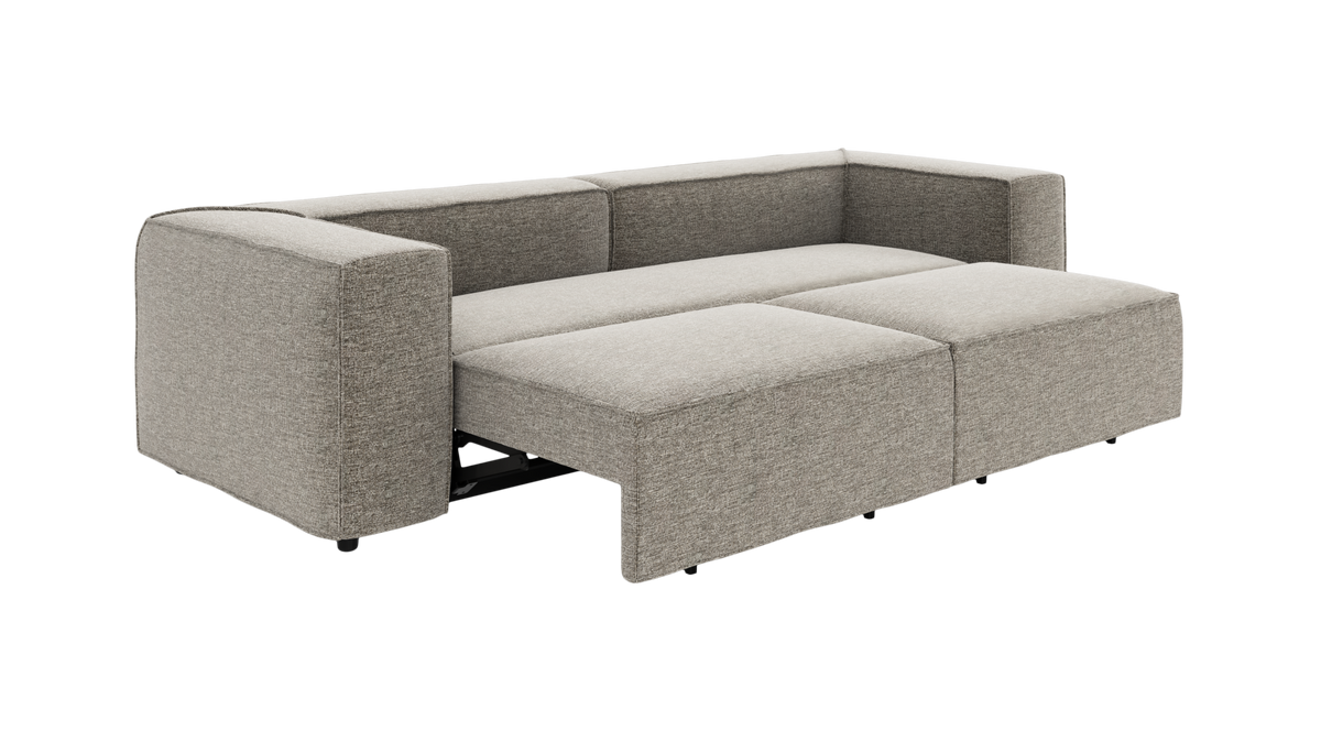 Grå modulsofa med udtrukket sovefunktion, frilagt på hvid baggrund.