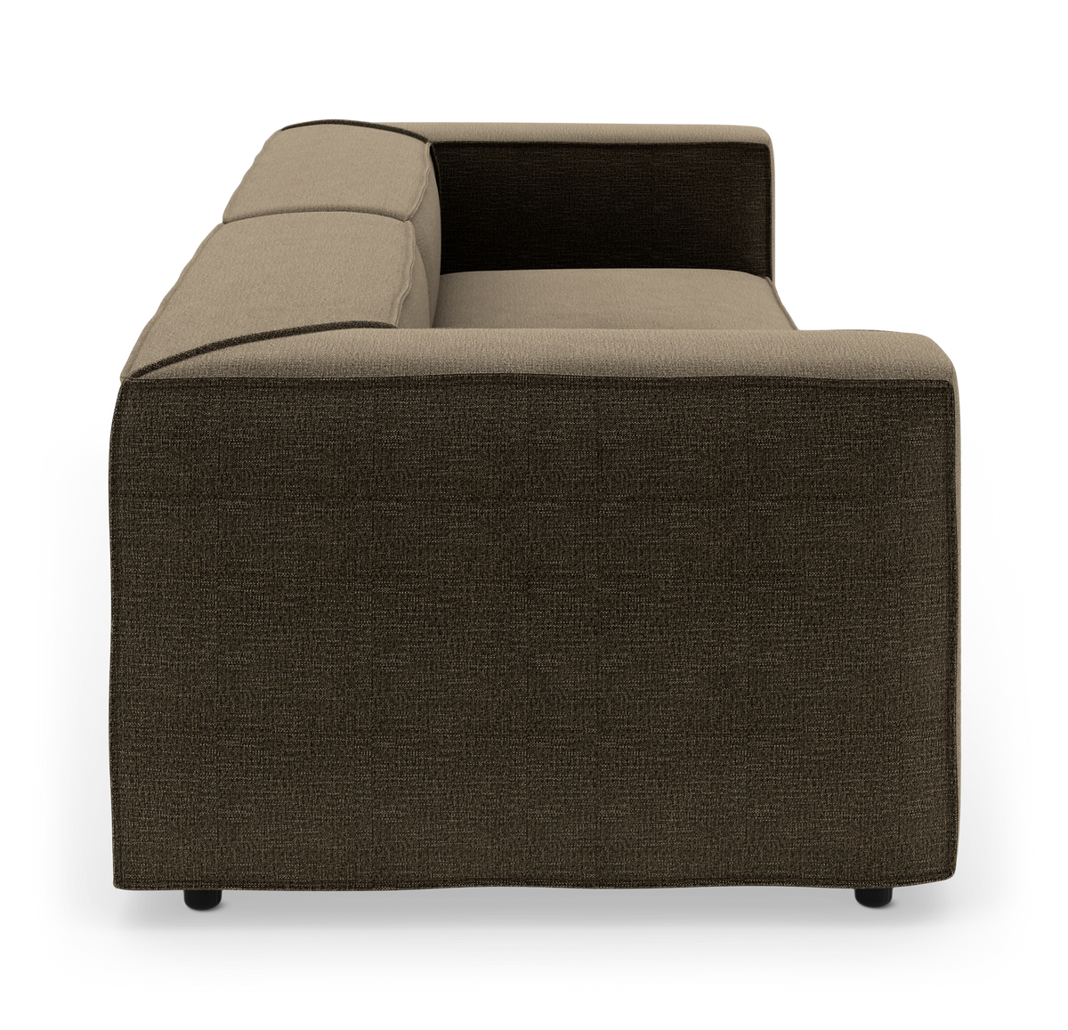Modulsofa set fra siden i brun og beige tekstil, fritlagt på hvid baggrund.