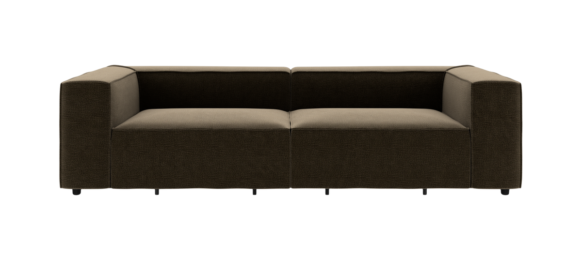 Modulsofa 2-personers i mørkebrun stof med beige sædeflader, kantet boxet design med små sorte ben, fritlagt frontvisning.