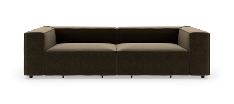 Moderne 2-personers sofa i mørkebrunt stof med lys beige sædehynder, frilagt på hvid baggrund, set lige forfra.