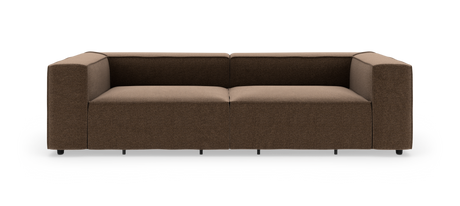 Brun, moderne modulsofa med lige armlæn, frilagt mod hvid baggrund, set forfra.