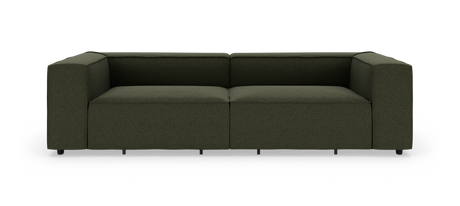 Olivengrøn modulopbygget 2-personers sofa med brede firkantede armlæn, frontvisning på hvid baggrund.