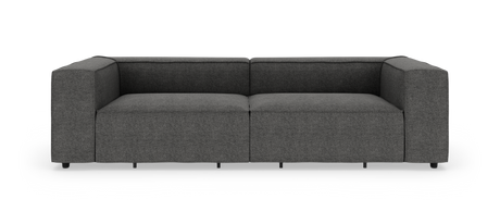 Mørkegrå, moderne 2-personers sofa med tykke armlæn, frilagt på hvid baggrund.