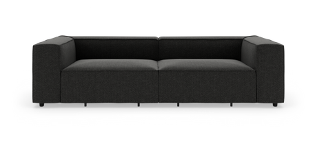 Sort, moderne modulsofa med brede armlæn, fotograferet lige forfra på hvid baggrund.